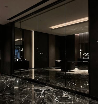 Grand mur de miroirs teintés noirs dans un hall.