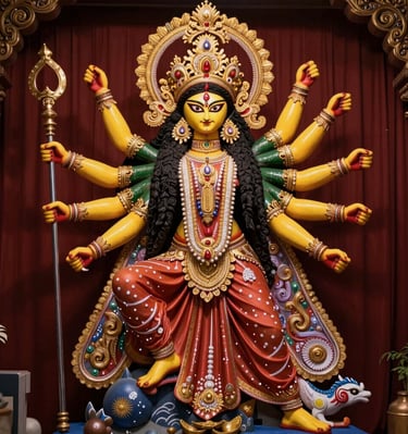 A close-up of a handcrafted Durga statue surrounded by fresh flowers.