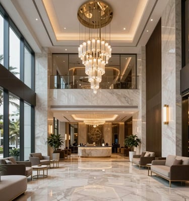 A gleaming office lobby floor freshly polished, reflecting soft blue lighting.