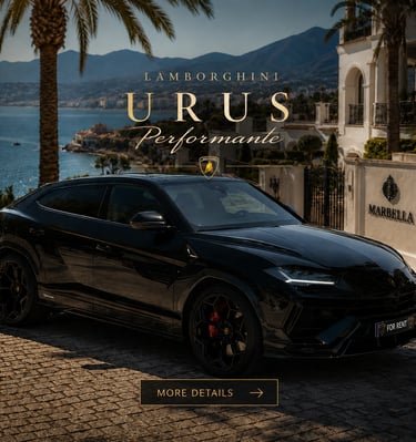 Black Lamborghini Urus Performante luxury SUV parked in Marbella with scenic coastal mountain views.