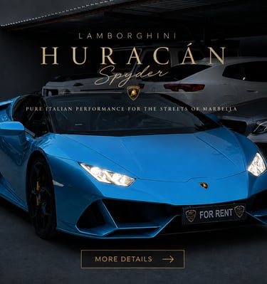 A blue Lamborghini Huracan Spyder luxury supercar for rent in Marbella, parked in a showroom garage.