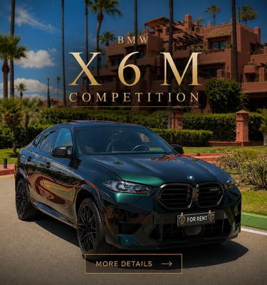 A dark green BMW X6 M Competition luxury SUV for rent parked in front of a tropical resort.