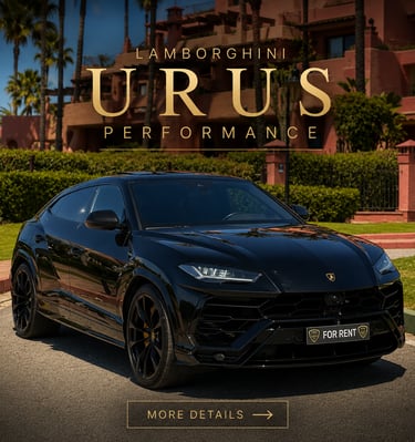 Black Lamborghini Urus luxury SUV rental parked in front of a Mediterranean villa with palm trees.