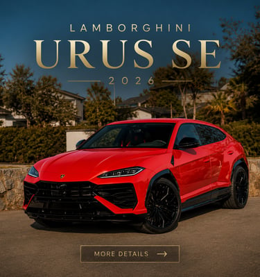 Red 2026 Lamborghini Urus SE luxury SUV parked outdoors with text overlay and trees.