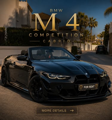 Black BMW M4 Competition Cabrio luxury rental car parked on a sunny street with palm trees.
