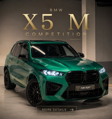 Green BMW X5 M Competition luxury SUV available for rent in a modern garage setting.