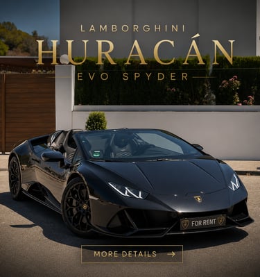 A sleek black Lamborghini Huracan Evo Spyder convertible parked outside a modern villa for luxury car rental.
