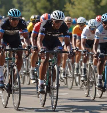 Action shot of a black cyclists competing in a road race.