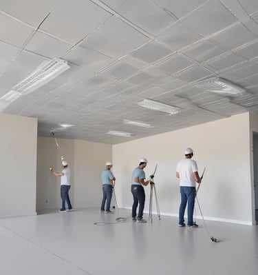 Construction workers installing lightweight dry wall panels on a building site