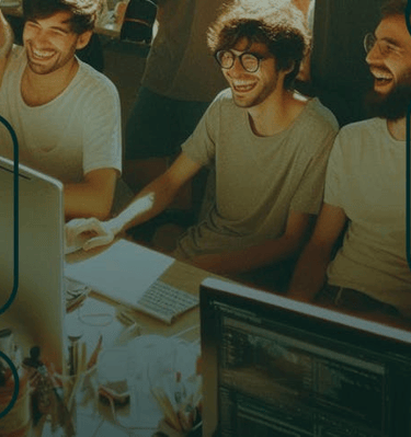 Men laughing at work in front of team computers