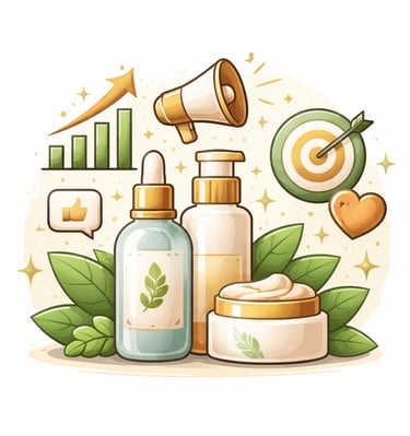 Illustration of skincare product launch, featuring beauty goods and marketing icons