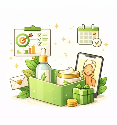 Illustration of a green skincare subscription box with products, leaves, and marketing icons