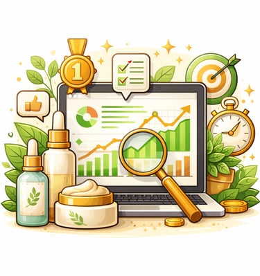 Illustration showing website analytics for a skincare brand, featuring a laptop and skincare items
