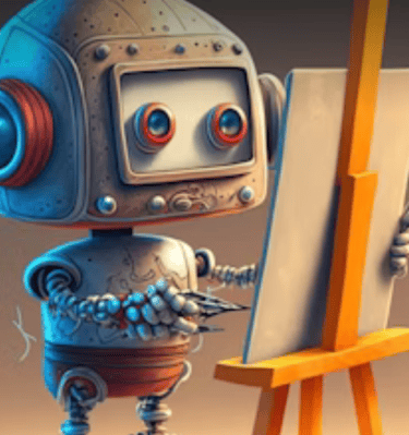 Cartoon robot at a canvas