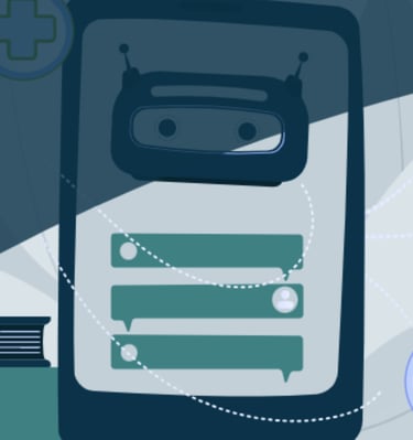 Illustration of a tablet with a robot on the screen, surrounded by medtech icons