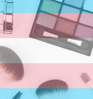 Trans pride colors over makeup palettes and tools