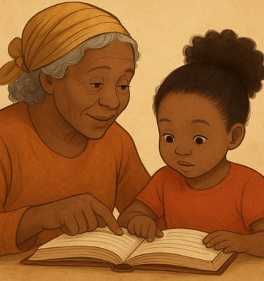 Transmission des savoirs – Abécédaire de la Caraïbe et de la Guyane Grand-mère qui lit à son bb