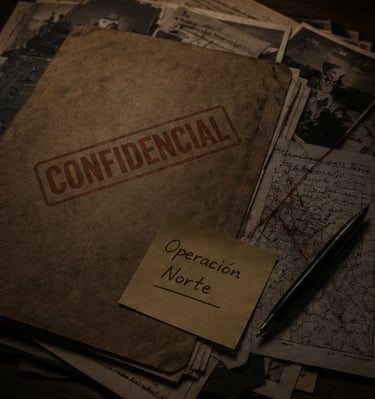 Vintage confidential dossier with Operación Norte sticky note and old maps.