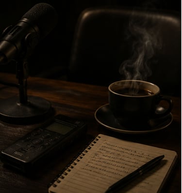 Professional podcast microphone, steaming coffee, and notebook for recording audio content.