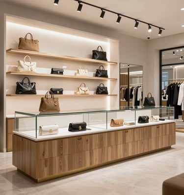 Cozy boutique interior featuring warm wood tones and elegant displays.