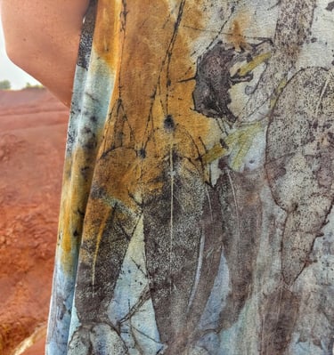 Indigo dyed and botanical printed with eucalyptus cotton dress.