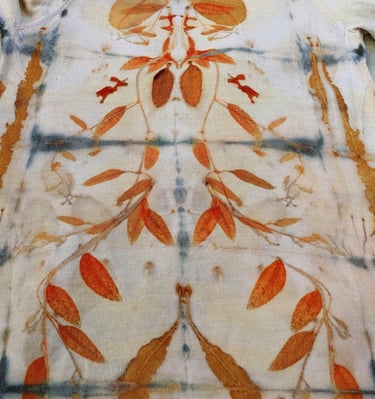 Eco-printed eucalyptus leaves on wool.