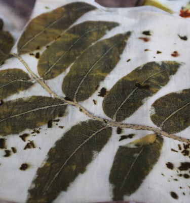 Eco-printed printed walnut leaf on merino wool jersey. 