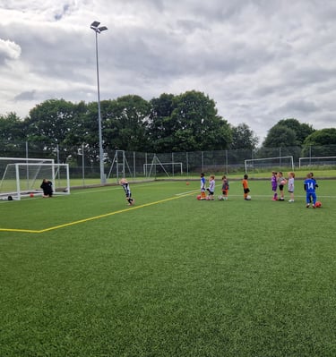 Young children practice footbal drills on a green artificial turf field with goals and footballs.