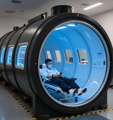 Athletes walking through a stadium tunnel leading to a hyperbaric chamber session