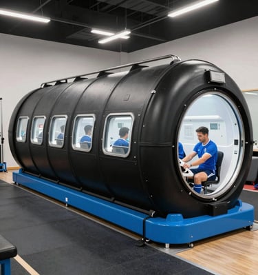 Modern hyperbaric oxygen chamber interior with sleek seating and bright lighting