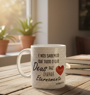White ceramic coffee mug with a Portuguese Bible verse from Ecclesiastes on a wooden table.