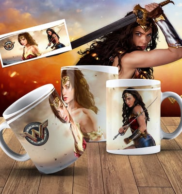Wonder Woman ceramic coffee mugs featuring Gal Gadot as the DC superhero with sword and shield graphics.