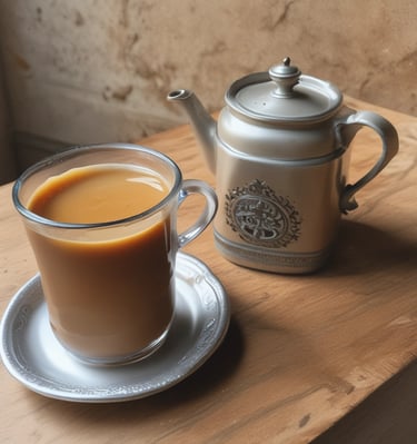 A cup of steaming tea with a slice of lemon on the side.