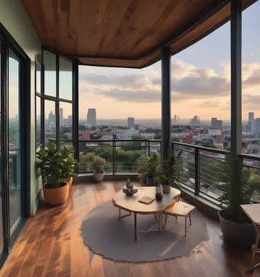 Sunlit balcony overlooking lush landscaped gardens at eldeco 7 peaks.