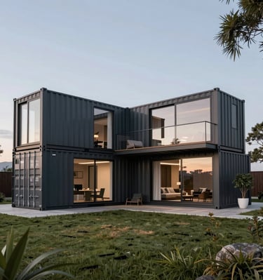 Modern two-story luxury shipping container home with large glass windows and outdoor balcony.