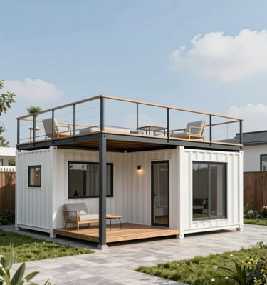 Spacious container home with multiple stacked containers and rooftop terrace.