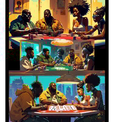 Friends playing high-stakes poker and card games in a stylized  art Meme