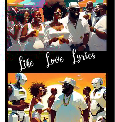 A White Party celebrating life at a  beach party with robots.