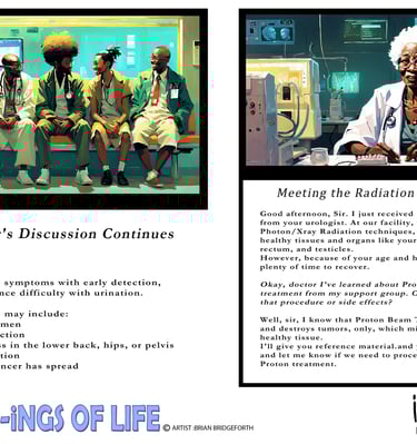 Meme of  Black doctors and a radiation oncologist discussing prostate cancer symptoms and treatment.