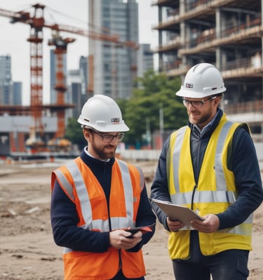 Modern school building project in Peru under construction with cranes and workers