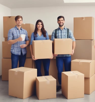 Team members carefully packing fragile household items in sturdy boxes.