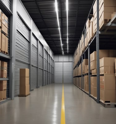 A neatly organized storage facility with labeled boxes stacked safely.