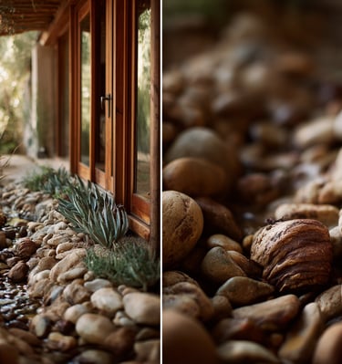A small backyard garden stream with smooth river rocks and succulent plants next to a wooden house.