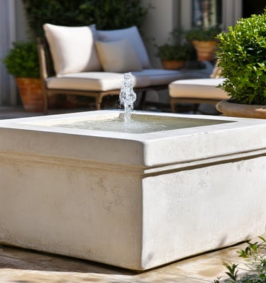 Modern square concrete garden fountain with a bubbling water feature on a luxury stone patio.
