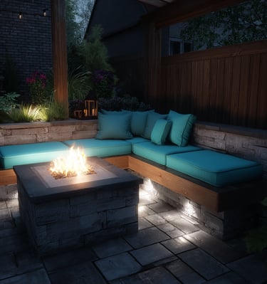 Modern patio design featuring a stone fire pit and built-in bench with teal cushions.