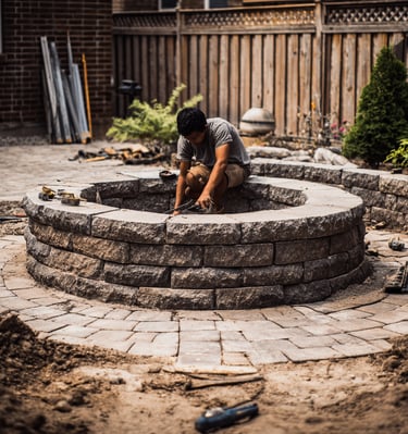 A landscaper installs a custom stone fire pit on a circular paver patio in a backyard.