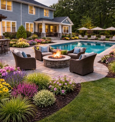 Backyard landscape design with green lawn, fresh mulch beds and stone patio in Raleigh, NC