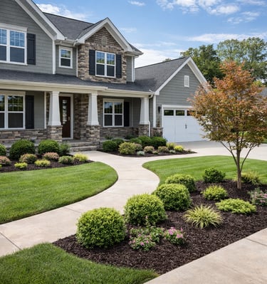 front yard landscaping with fresh mulch, trimmed shrubs and green lawn in Garner, NC