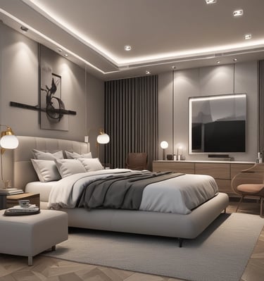 A cozy bedroom featuring light beige linens, simple black bedside lamps, and uncluttered surfaces