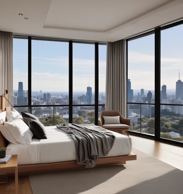 Sophisticated dining area with clean lines, gold lighting fixtures, and a serene ambiance.